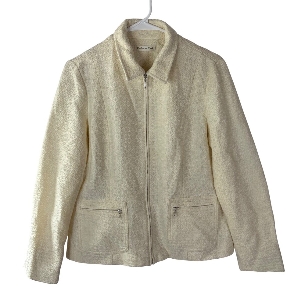 Coldwater Creek Cream Textured Zip Up Jacket Size 10 Waffle Knit Lined Cream